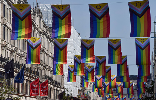 London, UK - June 13 2023: Pride flags decorate Regent Street for Pride Month.