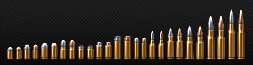 Metal and alloy bullets set. Shotgun, pistol and sniper riffle ammunition on copy space. War, violence and crime, shooting. Isometric vector collection isolated on transparent background