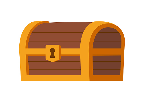 Pirate adventure chest concept. Treasures on island and jewels. Adventure and travel. Sticker for social networks and messengers. Cartoon flat vector illustration isolated on white background