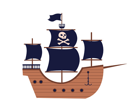 Pirate adventure ship concept. Ship with black flags with skull. Danger and adventure, travel. Template, layout and mock up. Cartoon flat vector illustration isolated on white background