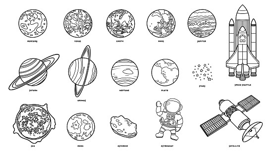 Hand drawn Vector illustration color children cartoon solar system planets, asteroid, stars, astronaut, satellite and space shuttle. Astronomy vector icons set clipart by wordspotrayal