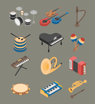 Musical Instruments. Isometric Vector illustration. Drums,  piano, maracas, synthesizer, guitar, harp, accordion, tambourine, trombone, flute.