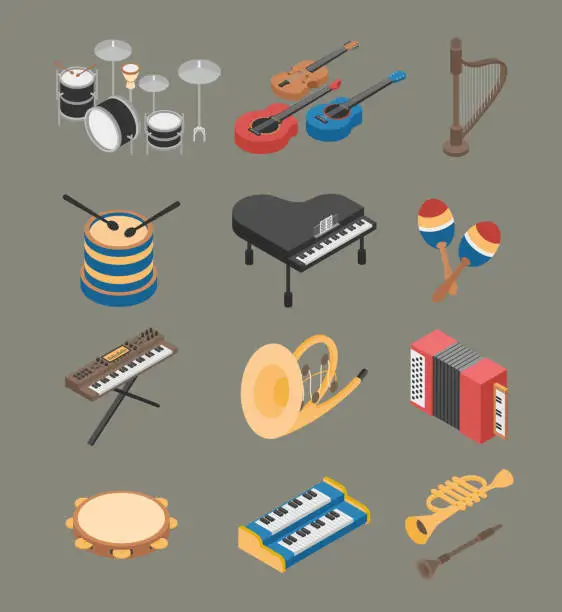 Vector illustration of Musical Instruments Isometric Vector