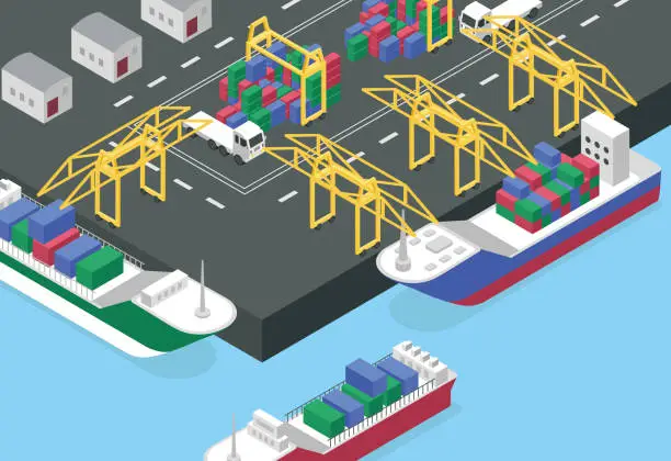 Vector illustration of Port with Cargo Ships Isometric Vector