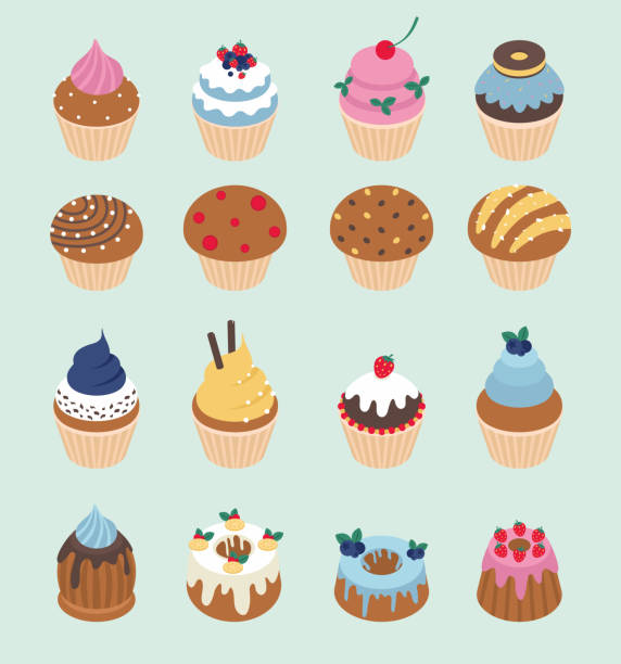ilustraciones, imágenes clip art, dibujos animados e iconos de stock de cupcakes isometric vector set - magdalena dulces