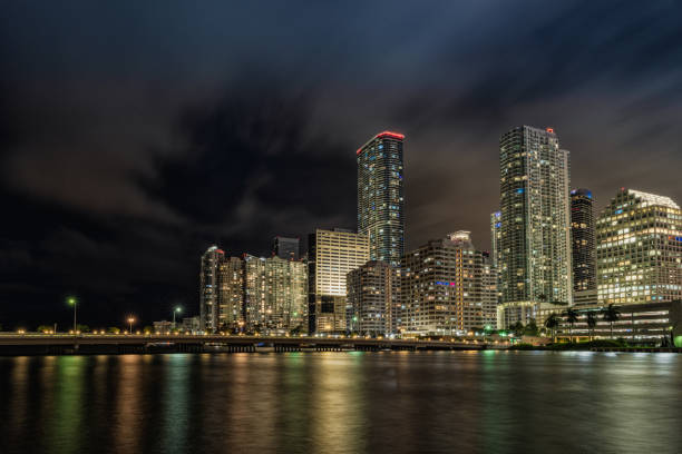 Miami at sunset. Miami Florida, colorful skyline of Macarthur causeway