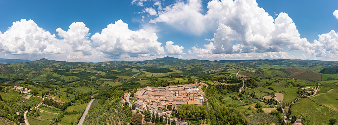 Celle Sul Rigo Tuscany aerial view Italy. Small old village drone point of view on spring
