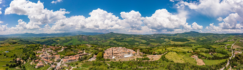 Celle Sul Rigo Tuscany aerial view Italy. Small old village drone point of view on spring