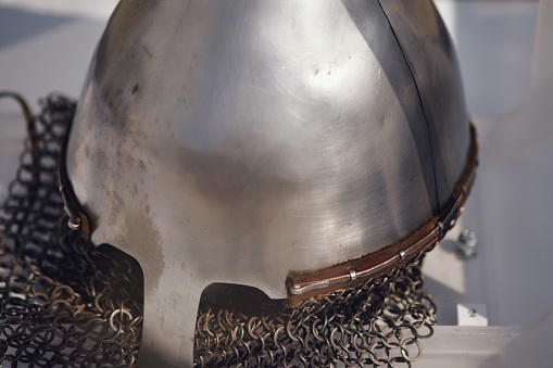 Helmet of a medieval warrior of the Russian squad. Objects of medieval Russia life of the 13th century