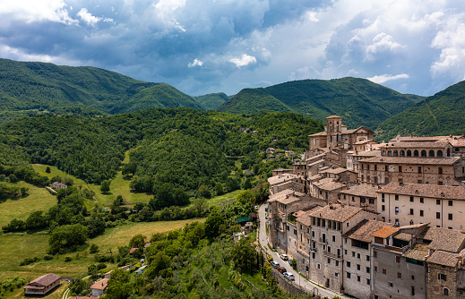 Old town of Contigliano in the region of Rieti near Rome. Aerial drone view in spring of this old medieval town