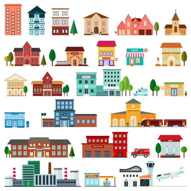 Vector illustration of Set of colored and flat urban government buildings icons.