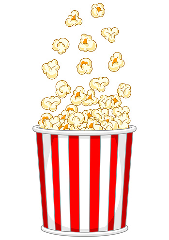 Popcorn in paper striped bucket. Illustration of snack food in cartoon style. For cinemas and cafes.