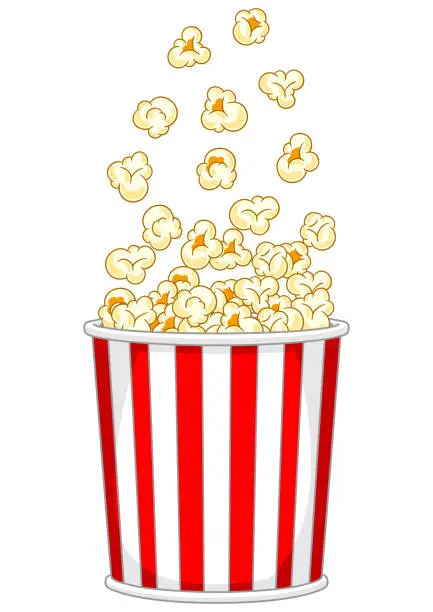 Vector illustration of Popcorn in paper striped bucket. Illustration of snack food in cartoon style.
