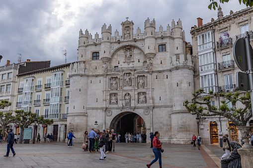 Burgos, Spain, May 6, 2023: Santa Maria door and arch in Burgos, Spain