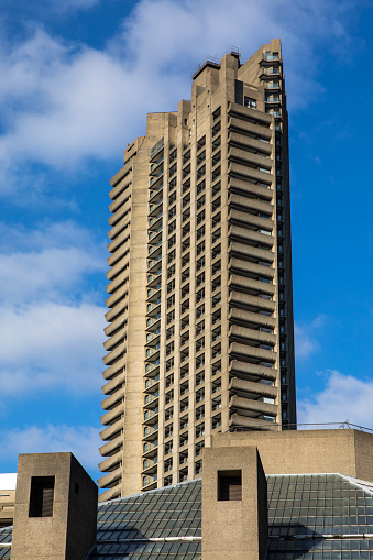 One of the tower blocks of the Barbican Estate in the City of London, UK.