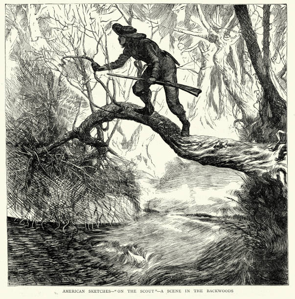 스카우트, 오지를 탐험하는 개척자, 미국, 서부 개척 시대, 미국 역사 1870년대, 19세기 - backwoodsman stock illustrations