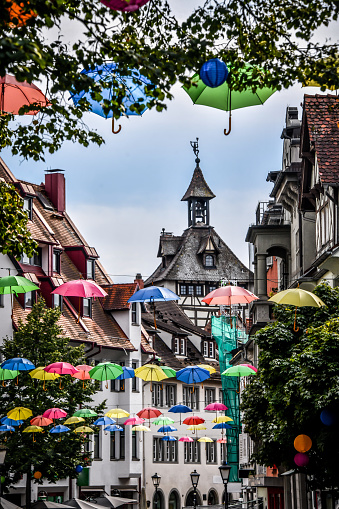 Konstanz, Germany - 8th of August, 2022. Street Through Colorful Umbrellas