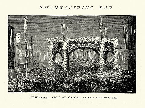 Vintage illustration of Triumphal Arch at Oxford Circus illuminated, Sketch from the Thanksgiving day for the recovery of Prince of Wales, later King Edward VII, from typhoid fever, 1872