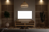 Modern Living Room At Night With Mockup Tv, Cabinet, Sofa, Cactus Plant And Coffee Table