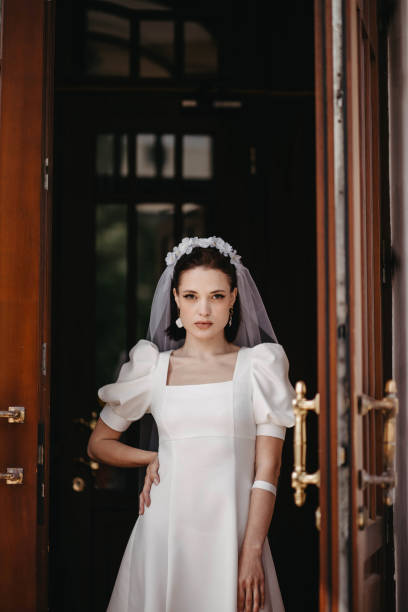 portrait of a beautiful bride in a white dress with a veil and a hoop of flowers. portrait of a beautiful bride in a white dress smiling with a veil and a hoop of flowers. hoops wedding stock pictures, royalty-free photos & images
