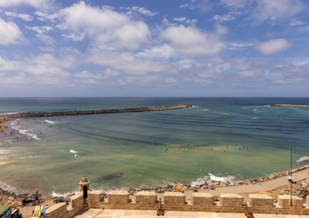 View of the coast of the wild Atlantic Ocean seen from the Kasbah of the Udayas in the Moroccan capital Rabat stock photo