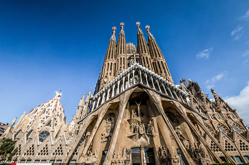 Barcelona, Spain -  12th of November, 2022. Majestic Low Angle View of Sagrada Família