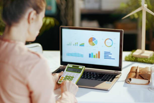 istock Seen from behind modern business woman exploring graphs 1498502616