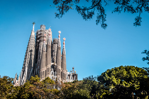 Beautiful summer views of the city of Barcelona from the Park Guell with the Holy Family on the horizon