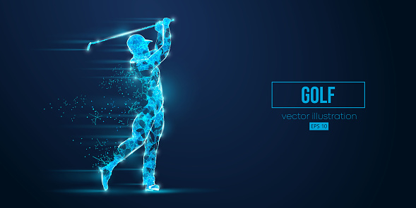 Abstract wireframe silhouette of a golf player from triangles and particles on blue background. Golfer man hits the ball. Vector illustration
