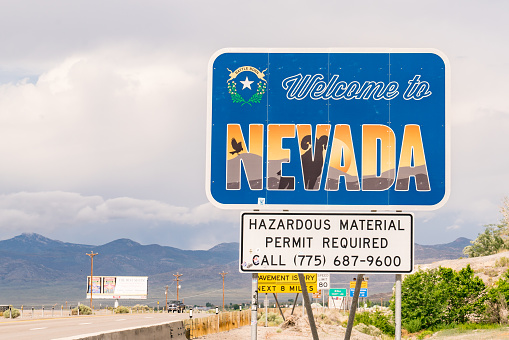 Wendover, NV - May 24, 2023: Welcome to Nevada roadside sign along Interstate 80 along the Utah-Nevada state border.