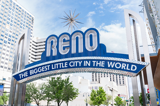 Reno, NV - May 24, 2023: Famous Reno sign which spans Virginia Street welcome visitors as they enter the city.