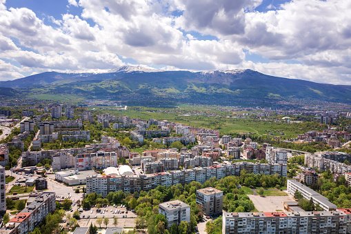 Aerial view from a drone of a city next to the mountain, Sofia ,Bulgaria