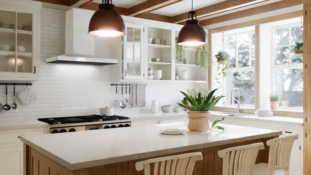 The interior of a large U-shaped kitchen with a wooden front and a large island. Stylish, cozy kitchen with appliances and plants with sun rays. 3d rendering