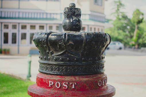 Ancient Letter Box from British Indian time - Royal Post Box - Closeup of Crown on Top