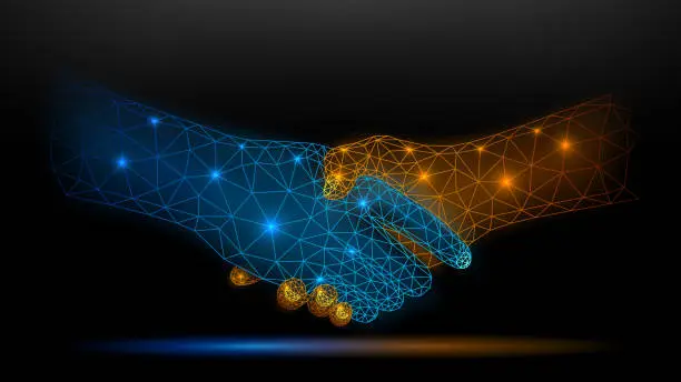Vector illustration of Blue and Gold Wireframe Glowing Handshake