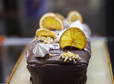 Chocolate cake decorated with dried fruit