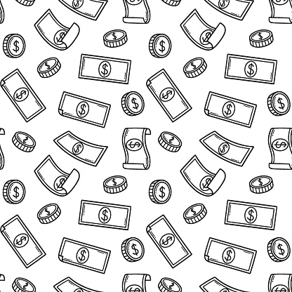 Seamless pattern of raining money doodle. Falling Dollar Banknotes, gold coins in sketch style. Vector illustration
