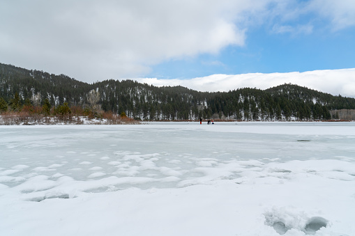 The lake frozen in the winter time