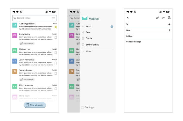 Email Application E-mail Application with Inbox, Menu, and Compose screens meant for Phone Playback usage email inbox stock illustrations
