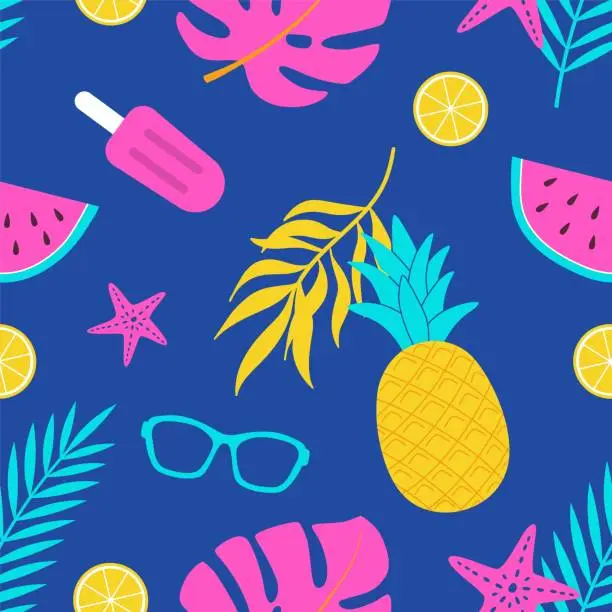 Vector illustration of Summer seamless pattern with beach items and fruit. Watermelon, sunglasses, ice cream, pineapple, tropical leaves, lemon.