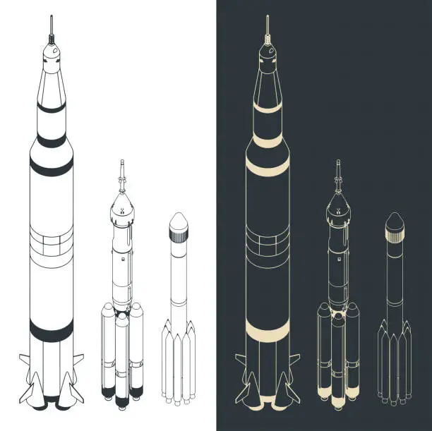 Vector illustration of Launch vehicles isometric blueprints