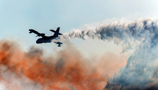 Airplane throwing water against forest fire. 