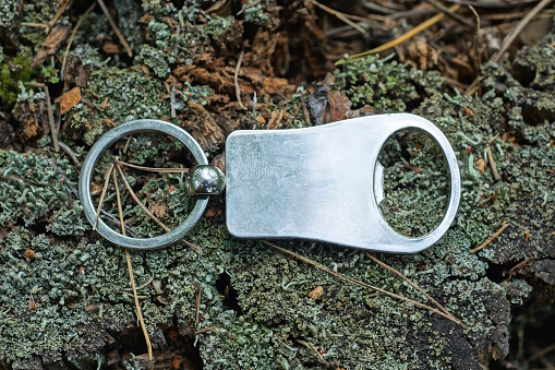 one small gray metal keychain opener with a ring lies on green moss in nature