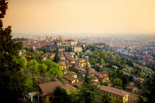 Beautiful view of Citta Alta (Upper town) in Bergamo city, Lombardy, Italy. UNESCO World Heritage Site.