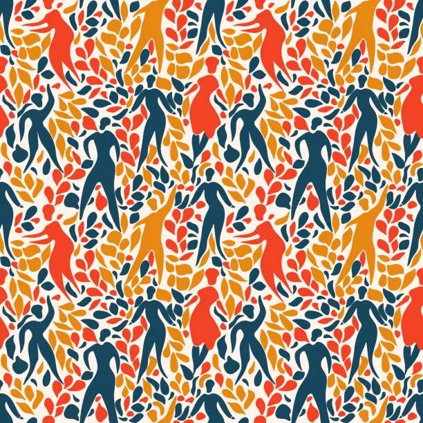 Vector illustration of Seamless pattern with abstract people and plant leaves. Seamless vector with orange, pink and blue leaves and colored folk style people with simple shapes for packaging or textile print.