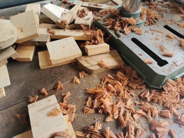 istock Wood chips and sawdust on a wooden workbench 1498543990