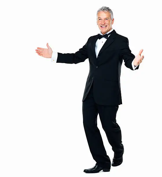 Full-length of a smartly dressed man presenting to an audience isolated on white background
