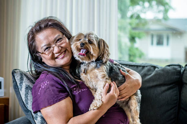Eternal Affection: Witness the profound connection as a 50-year-old Filipino woman embraces her Yorkshire Terrier on the couch, radiating pure love and tenderness in a moment of blissful companionship