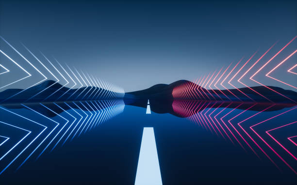 Dark road with glowing neon lines, 3d rendering.