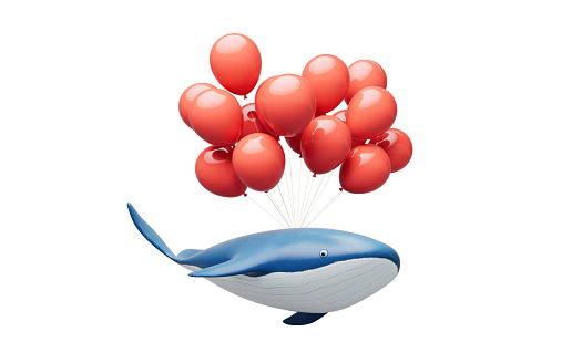 Whale with balloons, 3d rendering. Digital drawing.